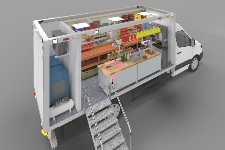 3D-model van een mobiele werkplaats in een witte bestelbus met georganiseerde werkbanken.