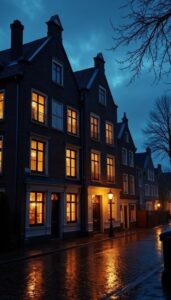Verlichte ramen en zichtbare interieurs langs een natte avondstraat
