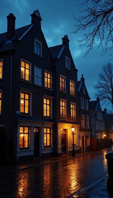 Verlichte ramen en zichtbare interieurs langs een natte avondstraat